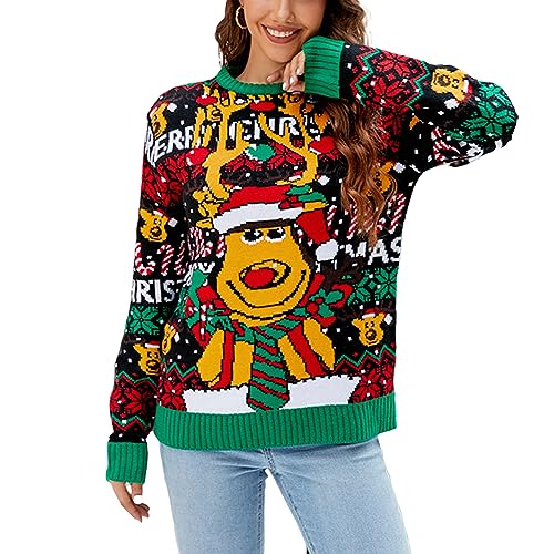 Yassiglia Weihnachtspullover Damen Lustig Weihnachten Strickpullover Weihnachts Gestricktes Sweatshirt mit Rentier Muster Ungly Christmas Sweater (Elch, S) von Yassiglia