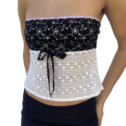 Yassiglia Y2K Bandeau Top Damen Elegant Tube Top Summer Crop Tops Ärmellos Schulterfrei Oberteil Sexy Tank Top Süß Slim Fit Shirt für Teenager Mädchen (A-Weiß Schwarz, M) von Yassiglia