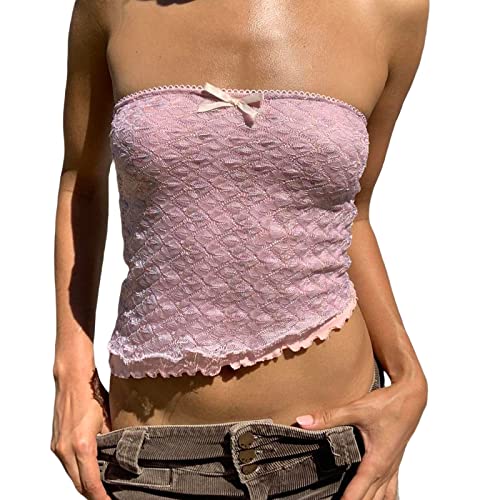 Yassiglia Y2K Bandeau Top Damen Elegant Tube Top Summer Crop Tops Ärmellos Schulterfrei Oberteil Sexy Tank Top Süß Slim Fit Shirt für Teenager Mädchen (Rosa A, M) von Yassiglia