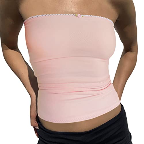 Yassiglia Y2K Bandeau Top Damen Elegant Tube Top Summer Crop Tops Ärmellos Schulterfrei Oberteil Sexy Tank Top Süß Slim Fit Shirt für Teenager Mädchen (Rosa Weiß, L) von Yassiglia