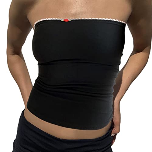 Yassiglia Y2K Bandeau Top Damen Elegant Tube Top Summer Crop Tops Ärmellos Schulterfrei Oberteil Sexy Tank Top Süß Slim Fit Shirt für Teenager Mädchen (Schwarz Rot, L) von Yassiglia