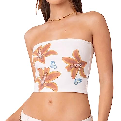 Yassiglia Y2K Bandeau Top Damen Elegant Tube Top Summer Crop Tops Ärmellos Schulterfrei Oberteil Sexy Tank Top Süß Slim Fit Shirt für Teenager Mädchen (Weiß Blumen, M) von Yassiglia