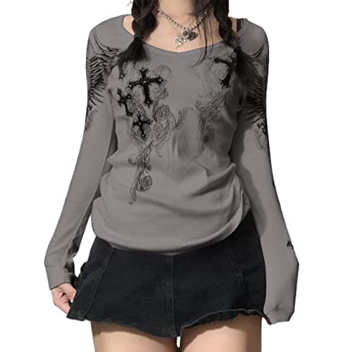 Yassiglia Y2K Lace Crop Top Patchwork Langarmshirt Elegant Ästhetisch Pullover Vintage Tops Square Ausschnitt Sweet Harajuku Slim Fit Aesthetic Streetwear für Damen von Yassiglia