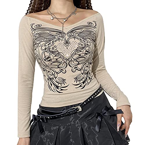 Yassiglia Y2K Lace Crop Top Patchwork Langarmshirt Elegant Ästhetisch Pullover Vintage Tops Square Ausschnitt Sweet Harajuku Slim Fit Aesthetic Streetwear für Damen (Beige Muster, Large) von Yassiglia