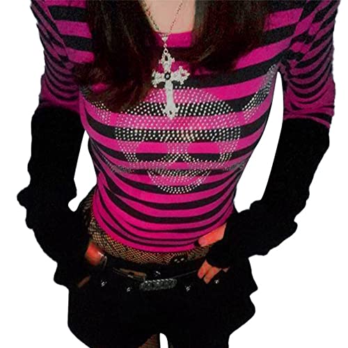 Yassiglia Y2K Lace Crop Top Patchwork Langarmshirt Elegant Ästhetisch Pullover Vintage Tops Square Ausschnitt Sweet Harajuku Slim Fit Aesthetic Streetwear für Damen (Dunkelrosa, Medium) von Yassiglia