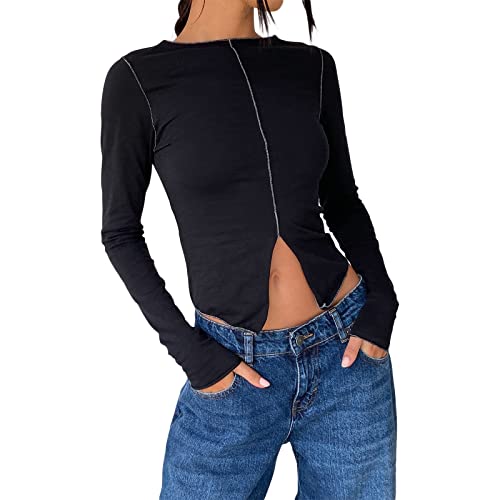 Yassiglia Y2K Langarm Crop Top Damen Oberteil Elegant Harajuku Langarmshirt Vintage Punk Grunge Oberteile Casual Aesthetic Tops für Teenager Mädchen (A-Schwarz, M) von Yassiglia