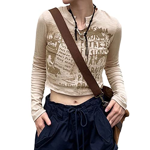 Yassiglia Y2K Langarm Crop Top Damen Oberteil Elegant Harajuku Langarmshirt Vintage Punk Grunge Oberteile Casual Aesthetic Tops für Teenager Mädchen (Aprikose A, M) von Yassiglia