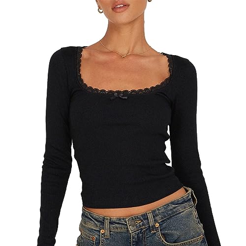 Yassiglia Y2K Langarm Crop Top Damen Oberteil Elegant Harajuku Langarmshirt Vintage Punk Grunge Oberteile Casual Aesthetic Tops für Teenager Mädchen (B-Schwarz, M) von Yassiglia