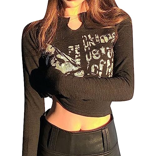 Yassiglia Y2K Langarm Crop Top Damen Oberteil Elegant Harajuku Langarmshirt Vintage Punk Grunge Oberteile Casual Aesthetic Tops für Teenager Mädchen (Schwarz A, L) von Yassiglia