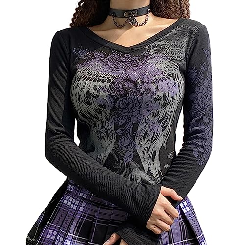 Yassiglia Y2K Langarm Crop Top Damen Oberteil Elegant Harajuku Langarmshirt Vintage Punk Grunge Oberteile Casual Aesthetic Tops für Teenager Mädchen (Schwarz C, M) von Yassiglia