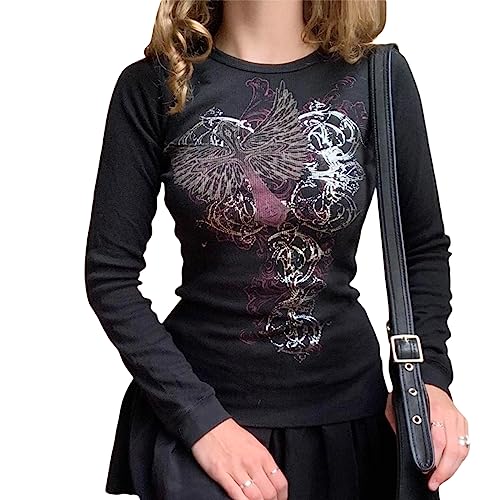 Yassiglia Y2K Langarm Crop Top Damen Oberteil Elegant Harajuku Langarmshirt Vintage Punk Grunge Oberteile Casual Aesthetic Tops für Teenager Mädchen (Schwarz E, L) von Yassiglia