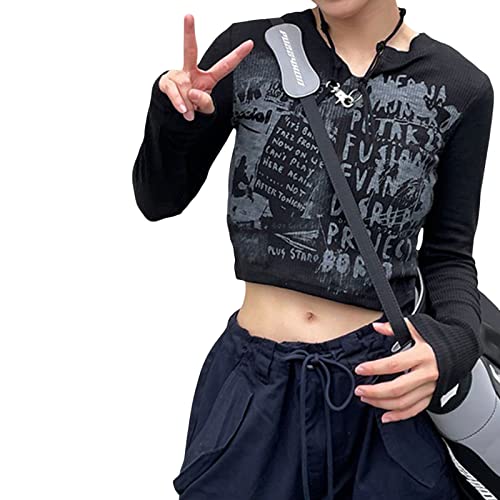 Yassiglia Y2K Langarm Crop Top Damen Oberteil Elegant Harajuku Langarmshirt Vintage Punk Grunge Oberteile Casual Aesthetic Tops für Teenager Mädchen (Schwarz Grau, L) von Yassiglia