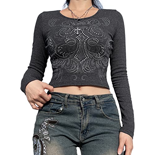 Yassiglia Y2K Langarm Crop Top Damen Oberteil Elegant Harajuku Langarmshirt Vintage Punk Grunge Oberteile Casual Aesthetic Tops für Teenager Mädchen (Schwarz Grau A, M) von Yassiglia