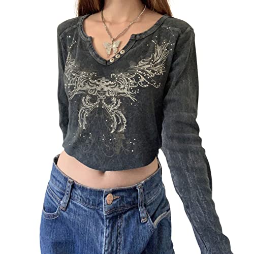 Yassiglia Y2K Langarm Crop Top Damen Oberteil Elegant Harajuku Langarmshirt Vintage Punk Grunge Oberteile Casual Aesthetic Tops für Teenager Mädchen (Schwarz Grau B, L) von Yassiglia