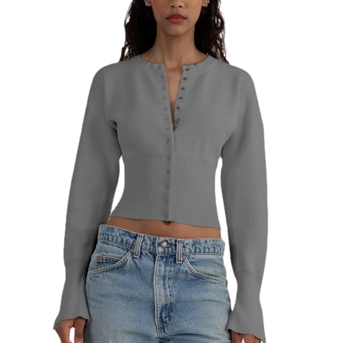 Yassiglia Y2K Langarmshirt Damen Lace Crop Top Elegante Oberteile Eng Pullover Vintage Tops Slim Fit Langarm Shirt Herbst Aesthetic Tops Steetwear (B-Grau, M) von Yassiglia