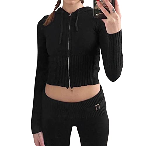 Yassiglia Y2K Zip Up Hoodie Damen Kurze Strickjacke Bauchfreie Crop Tops Kapuzenpullover mit Reißverschluss Gerippt Langarm Top (Schwarz, S) von Yassiglia