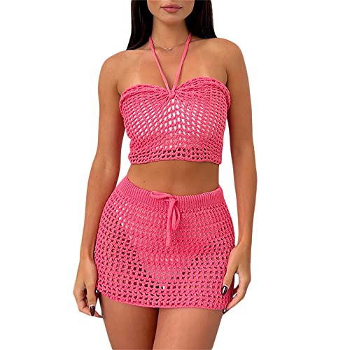 Yassiglia Y2K Zweiteiler Outfit Damen Sommer Sexy Gestrickt Rock Und Oberteil Set Häkelkleid Anzug Strand Cover Up Elegant Crop Top + Mini-Rock Streetwear (A-Rosa, L) von Yassiglia