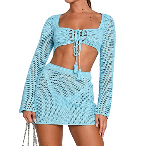 Yassiglia Y2K Zweiteiler Outfit Damen Sommer Sexy Gestrickt Rock Und Oberteil Set Häkelkleid Anzug Strand Cover Up Elegant Crop Top + Mini-Rock Streetwear (Hell Blau, L) von Yassiglia