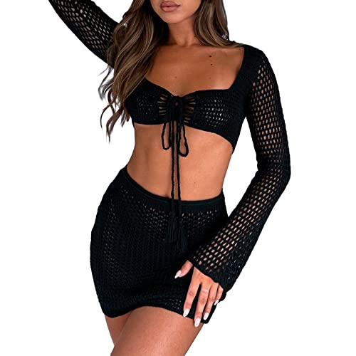 Yassiglia Y2K Zweiteiler Outfit Damen Sommer Sexy Gestrickt Rock Und Oberteil Set Häkelkleid Anzug Strand Cover Up Elegant Crop Top + Mini-Rock Streetwear (Schwarz A, M) von Yassiglia