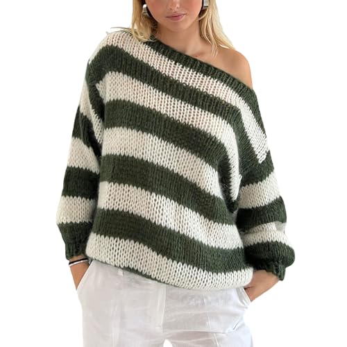 Yassiglia Y2k Oversize Pullover Damen Herbst Winter Strickpullover Off Shouder/Rundhals Gestreift Pulli Eleagnt Warm Winterpullover Langarm Gestrickt Sweatshirt (Grün, S) von Yassiglia