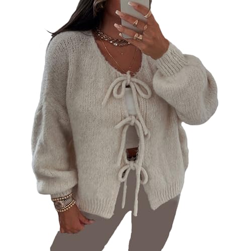 Yassiglia Y2k Strickjacke Damen Kurz Schleife Vorne Cardigan Leichte Warme Pullover Strick Tops Elegante Strickjacken Für Damen Teenager Mädchen (Beige, S) von Yassiglia