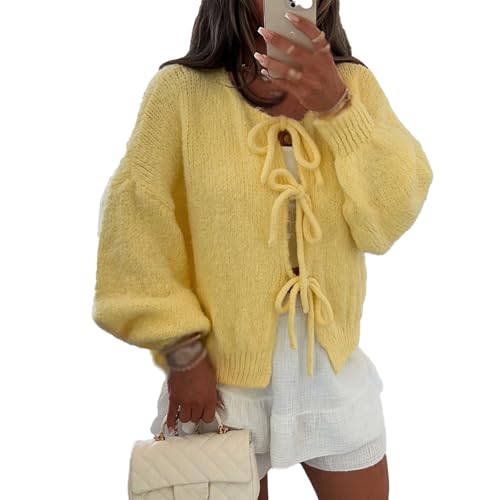 Yassiglia Y2k Strickjacke Damen Kurz Schleife Vorne Cardigan Leichte Warme Pullover Strick Tops Elegante Strickjacken Für Damen Teenager Mädchen (Gelb, S) von Yassiglia