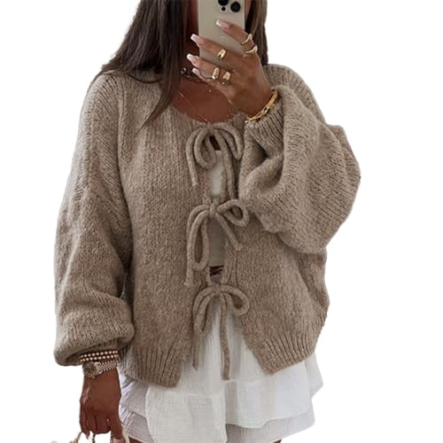 Yassiglia Y2k Strickjacke Damen Kurz Schleife Vorne Cardigan Leichte Warme Pullover Strick Tops Elegante Strickjacken Für Damen Teenager Mädchen (Khaki, S) von Yassiglia