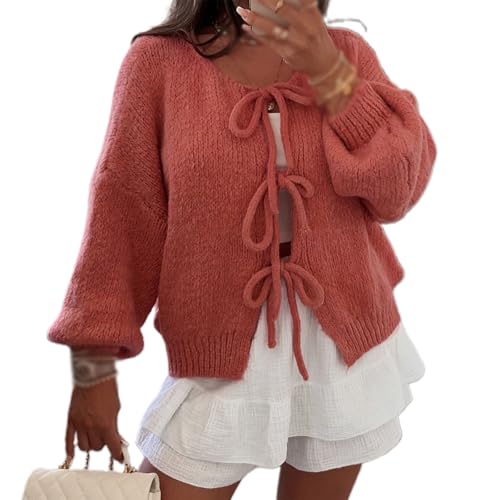 Yassiglia Y2k Strickjacke Damen Kurz Schleife Vorne Cardigan Leichte Warme Pullover Strick Tops Elegante Strickjacken Für Damen Teenager Mädchen (Orange, L) von Yassiglia