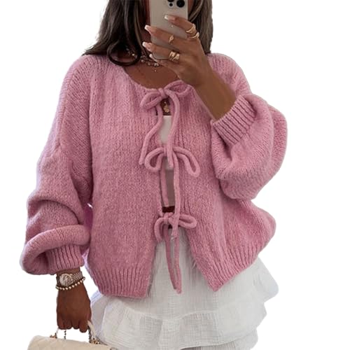 Yassiglia Y2k Strickjacke Damen Kurz Schleife Vorne Cardigan Leichte Warme Pullover Strick Tops Elegante Strickjacken Für Damen Teenager Mädchen (Rosa, M) von Yassiglia
