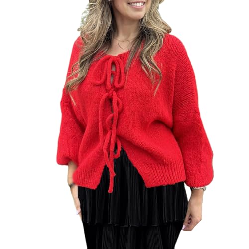 Yassiglia Y2k Strickjacke Damen Kurz Schleife Vorne Cardigan Leichte Warme Pullover Strick Tops Elegante Strickjacken Für Damen Teenager Mädchen (Rot, S) von Yassiglia
