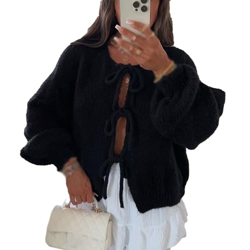 Yassiglia Y2k Strickjacke Damen Kurz Schleife Vorne Cardigan Leichte Warme Pullover Strick Tops Elegante Strickjacken Für Damen Teenager Mädchen (Schwarz, S) von Yassiglia