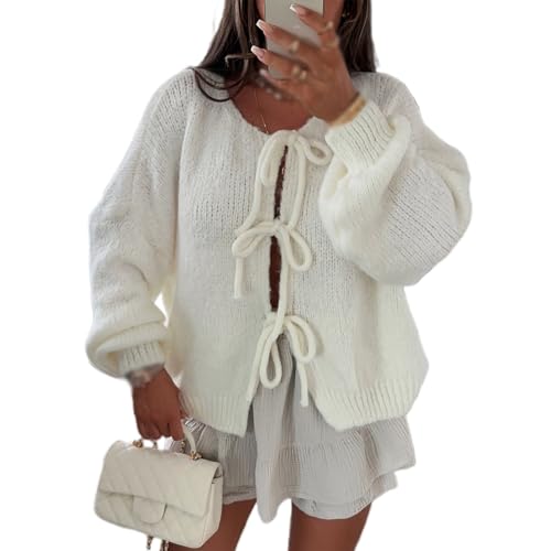 Yassiglia Y2k Strickjacke Damen Kurz Schleife Vorne Cardigan Leichte Warme Pullover Strick Tops Elegante Strickjacken Für Damen Teenager Mädchen (Weiß, M) von Yassiglia