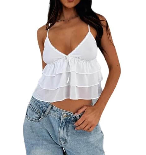 Yassiglia Y2k Tank Top Damen Babydoll Camisole Top Spaghetti Trägertop Sommer Ärmellose Obereteile Elegant Crop Tops Aesthetic Clothes (Weiß Kurz, S) von Yassiglia