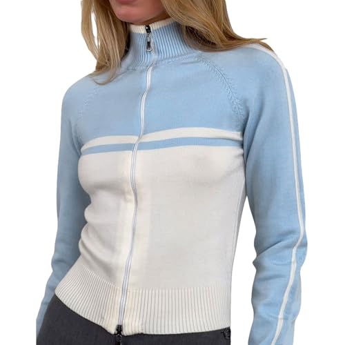 Yassiglia Y2k Zip Up Jacke Damen Elegante Strickjacke Kurze Sweatjacke Ohne Kapuze Slim Fit Zipper Pullover für Teenager Mädchen Y2k Vintage Aesthetic Clothes (Blau Weiß, M) von Yassiglia