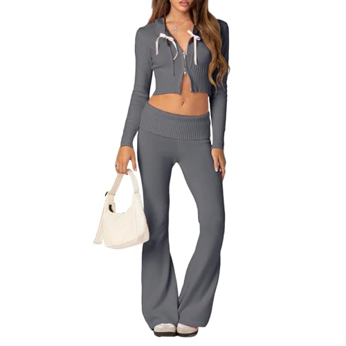 Yassiglia Zweiteiler Damen Elegant Y2K Strick Set Cropped Zipper Hoodie + Low Waist Schlaghose 2 Stück Strickanzug Set Loungewear Streetwear (Grau, S) von Yassiglia