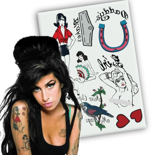 Yatatu - Amy Winehouse Temporäres Tattoo Set - Kostüm - Karneval - Halloween - Cosplay (Ganzes Blatt) von Yatatu