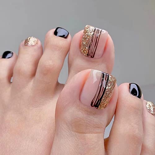 Yatinkim 24 Stück Schwarzer Linie Kurze Presse Auf Zehennägel Acryl Fuß Falsche Nägel Volle Abdeckungs Strasssteinen Designs Glitzer Natürliche Frauen von Yatinkim