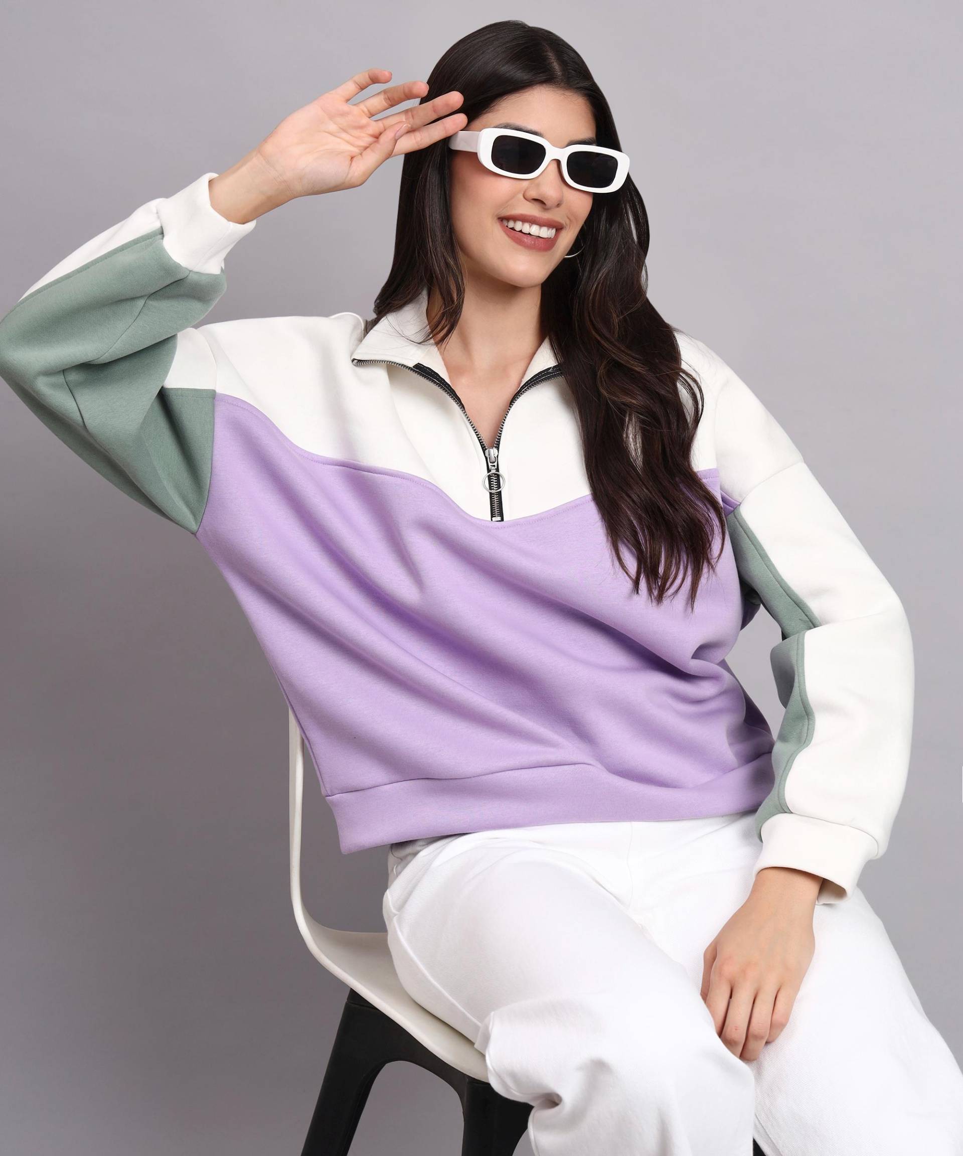 Oversized Pullover Damen - Colorblock Sweatshirt Baumwolle Lila Grün Weiß Lockerer Fit Streetwear Sweater Mit Zipper Herbst Fashion von YatraDesign