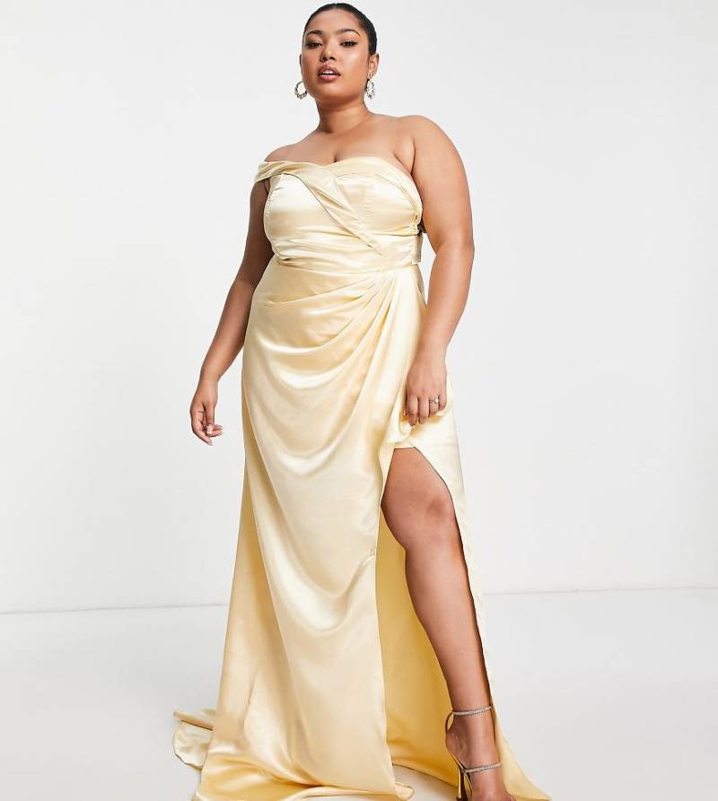Yaura - Drapiertes Maxikleid aus Satin in Champagnergold mit One-Shoulder-Träger-Goldfarben von Yaura Plus