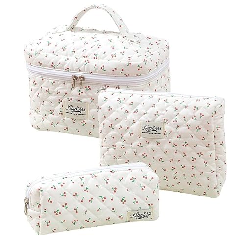 3Stück Kosmetiktasche Set Damen,Blumen Kosmetiktasche Aesthetic Make Up Bag Tasche Gesteppte,Groß Schminktasche, Travel Essentials Aesthetic Stuff Clean Girl (9) von Yavitality