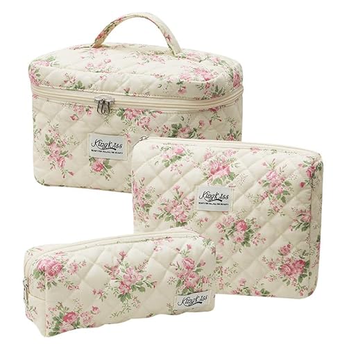 3pcs Kosmetiktasche Damen Reise, Gesteppte Kosmetiktasche,Kulturbeutel Set Damen Gesteppte Kulturtasche mit Blumenmuster (10) von Yavitality