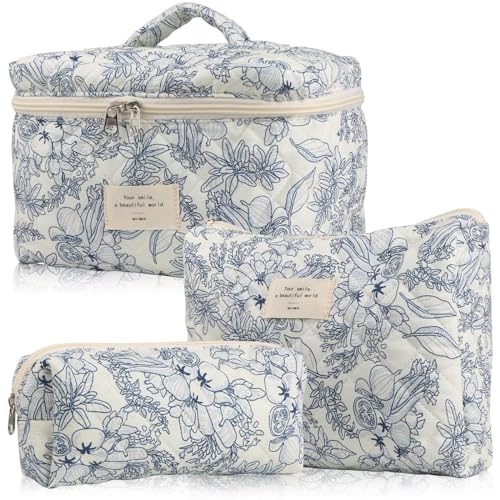 3pcs Kosmetiktasche Damen Reise, Gesteppte Kosmetiktasche,Kulturbeutel Set Damen Gesteppte Kulturtasche mit Blumenmuster (8) von Yavitality