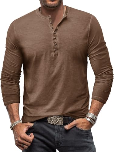 Henley Shirt Herren Langarm Langarmshirt Herren Longsleeve T Shirt Vintage Tshirt Baumwolle Männer Braun 3XL von YawYews