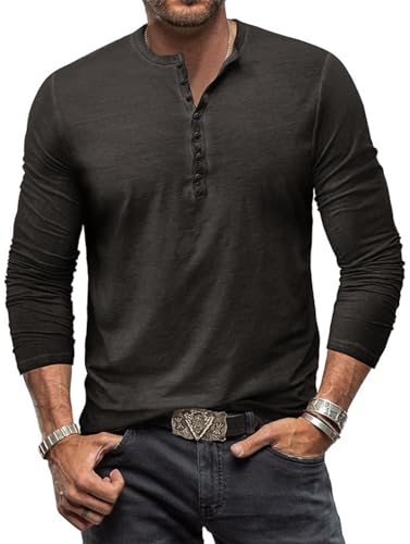 Henley Shirt Herren Langarm Langarmshirt Herren Longsleeve T Shirt Vintage Tshirt Baumwolle Männer Grau 3XL von YawYews