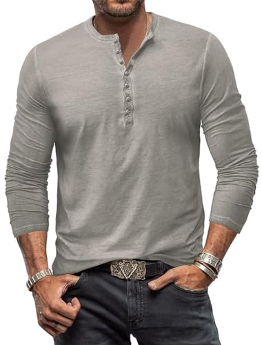 Henley Shirt Herren Langarm Langarmshirt Herren Longsleeve T Shirt Vintage Tshirt Baumwolle Männer Grau 3XL von YawYews