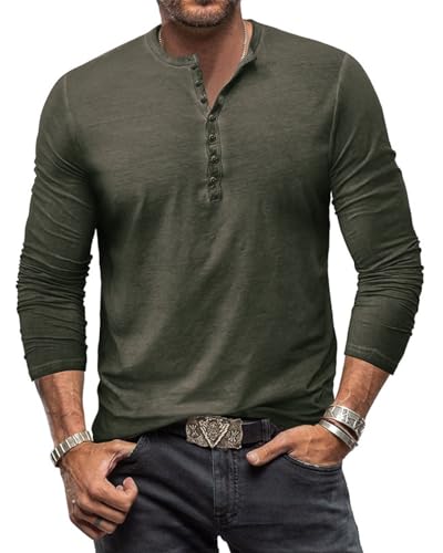 Henley Shirt Herren Langarm Langarmshirt Herren Longsleeve T Shirt Vintage Tshirt Baumwolle Männer Grün 3XL von YawYews