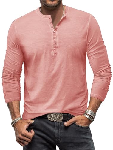 Henley Shirt Herren Langarm Langarmshirt Herren Longsleeve T Shirt Vintage Tshirt Baumwolle Männer Rosa 3XL von YawYews