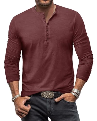 Henley Shirt Herren Langarm Langarmshirt Herren Longsleeve T Shirt Vintage Tshirt Baumwolle Männer Weinrot 3XL von YawYews