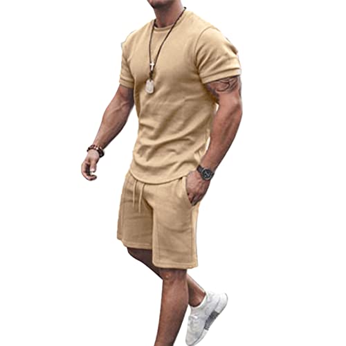 Herren Sommer Athletic Suit Outfits - 2-teiliger Trainingsanzug Casual Einfarbig Kurzarm T-Shirt und Shorts Set, khaki, Medium von YawYews