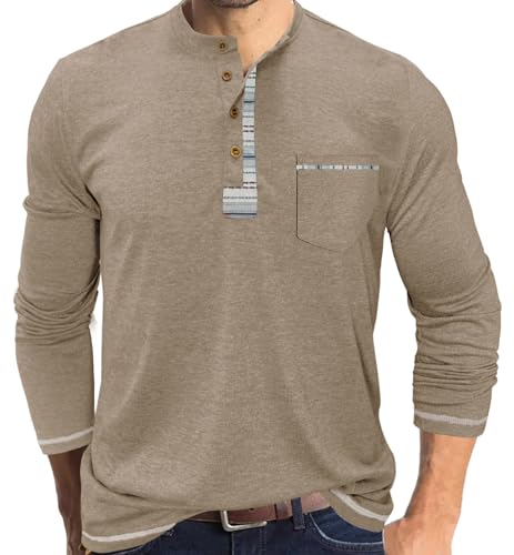 YawYews Herren Langarmshirt Longsleeve Henley Shirt Langarm Tshirt Long Sleeve Longshirt mit Knopfleiste Khaki 3XL von YawYews